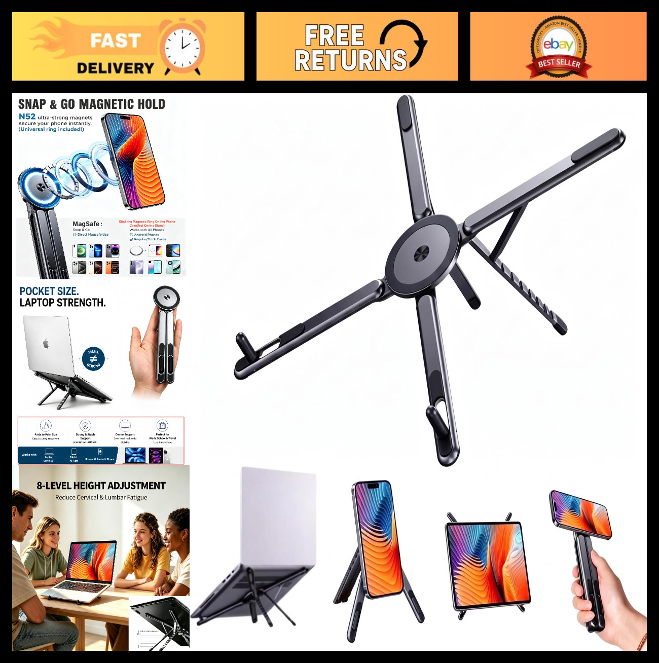 4-in-1 Adjustable Laptop Stand with Magnetic Phone Holder, Portable Aluminum Des