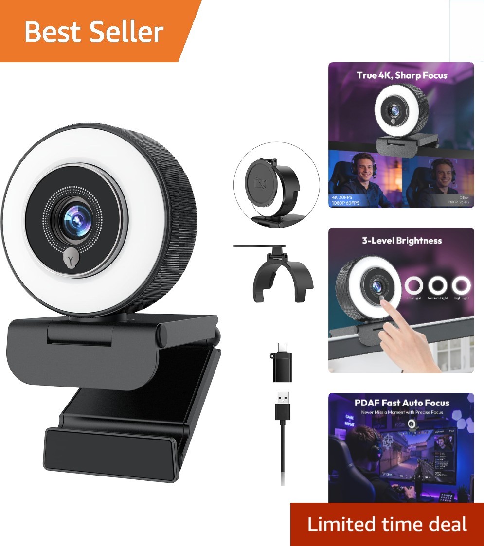 Ultra 4K Webcam with Built-in Light & Auto Focus for Professional Streaming