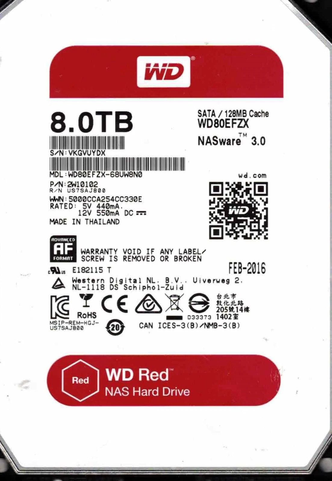 Western Digital WD80EFZX 8TB Red NAS SATA III 6Gb/s 3.5" Hard Drive HDD