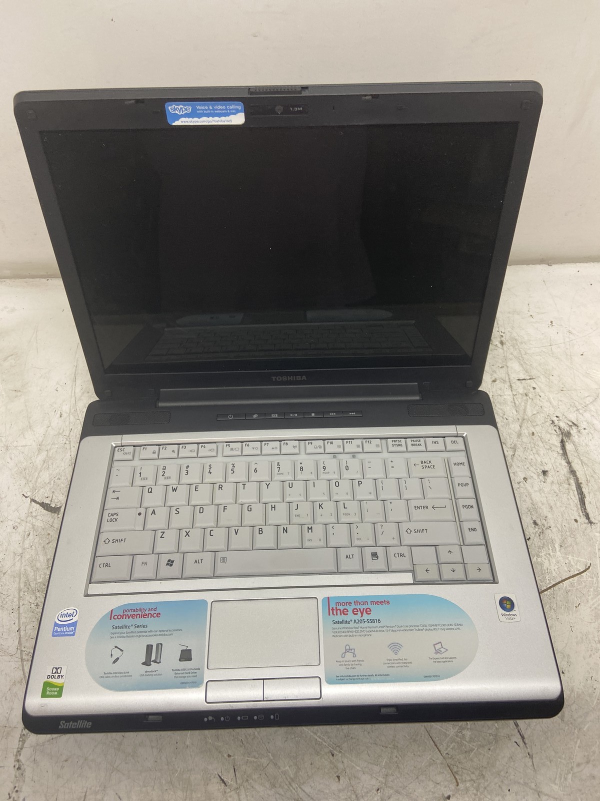 Toshiba Satellite A205-S5816 Intel Pentium T2330 1.6 GHz 1 GB NO HDD