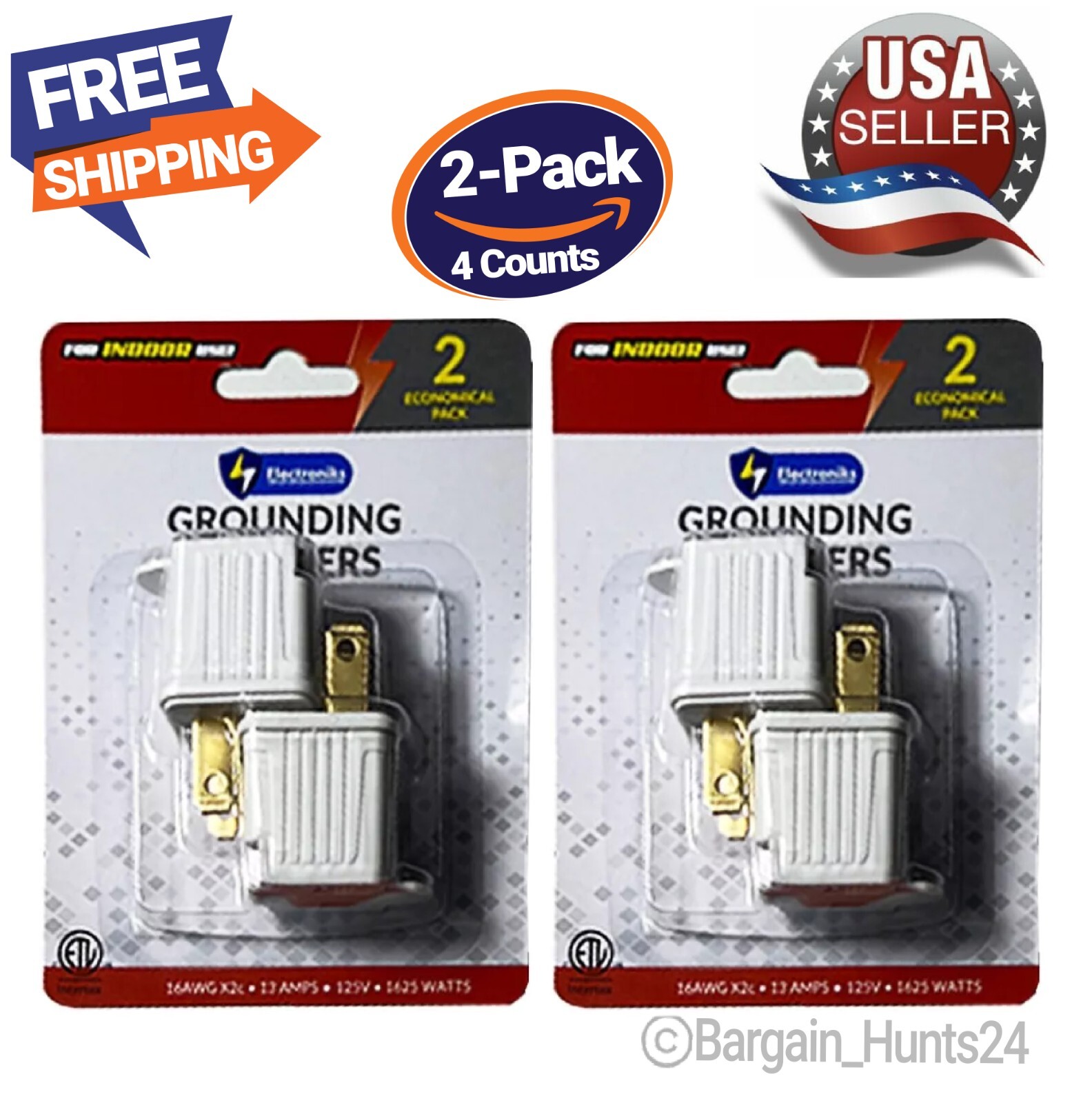 2 Prong to 3 Prong Grounded Outlet Converter Adapter W/ Polarized Plug (Pk of 2)