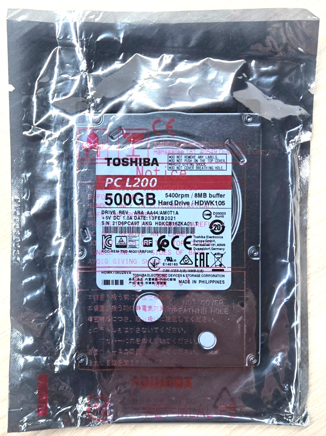 NEW SEALED Toshiba L200 Slim 500GB 5400RPM SATA 6Gbps 8MB Cache 2.5" HDWK105UZSV