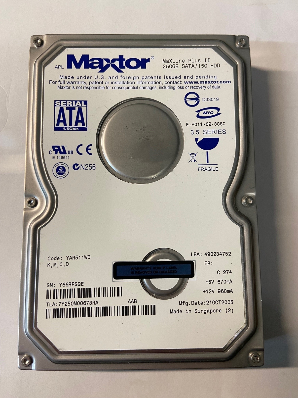 7Y250M00673RA - Maxtor 250GB 7200 RPM SATA 3.5" HDD