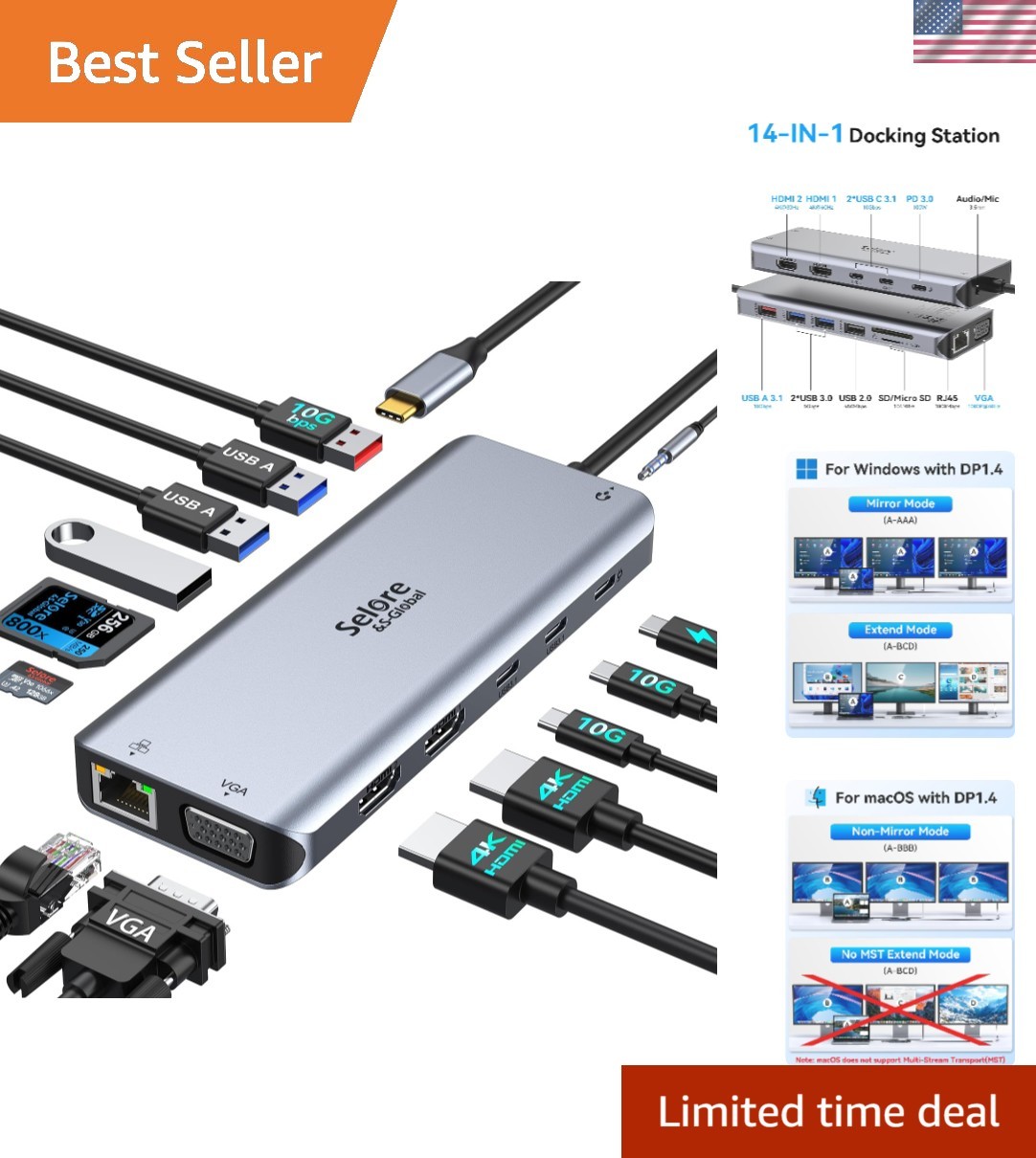 Elegant 14-in-1 Selore USB C Hub - Supports 2 HDMI & VGA with 10Gbps Transfer