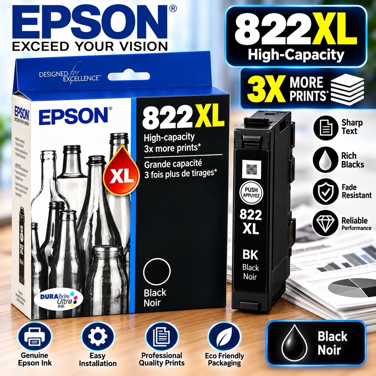 Epson 822XL  Black High Capacity Ink Cartridge Genuine New Exp: 02-2029
