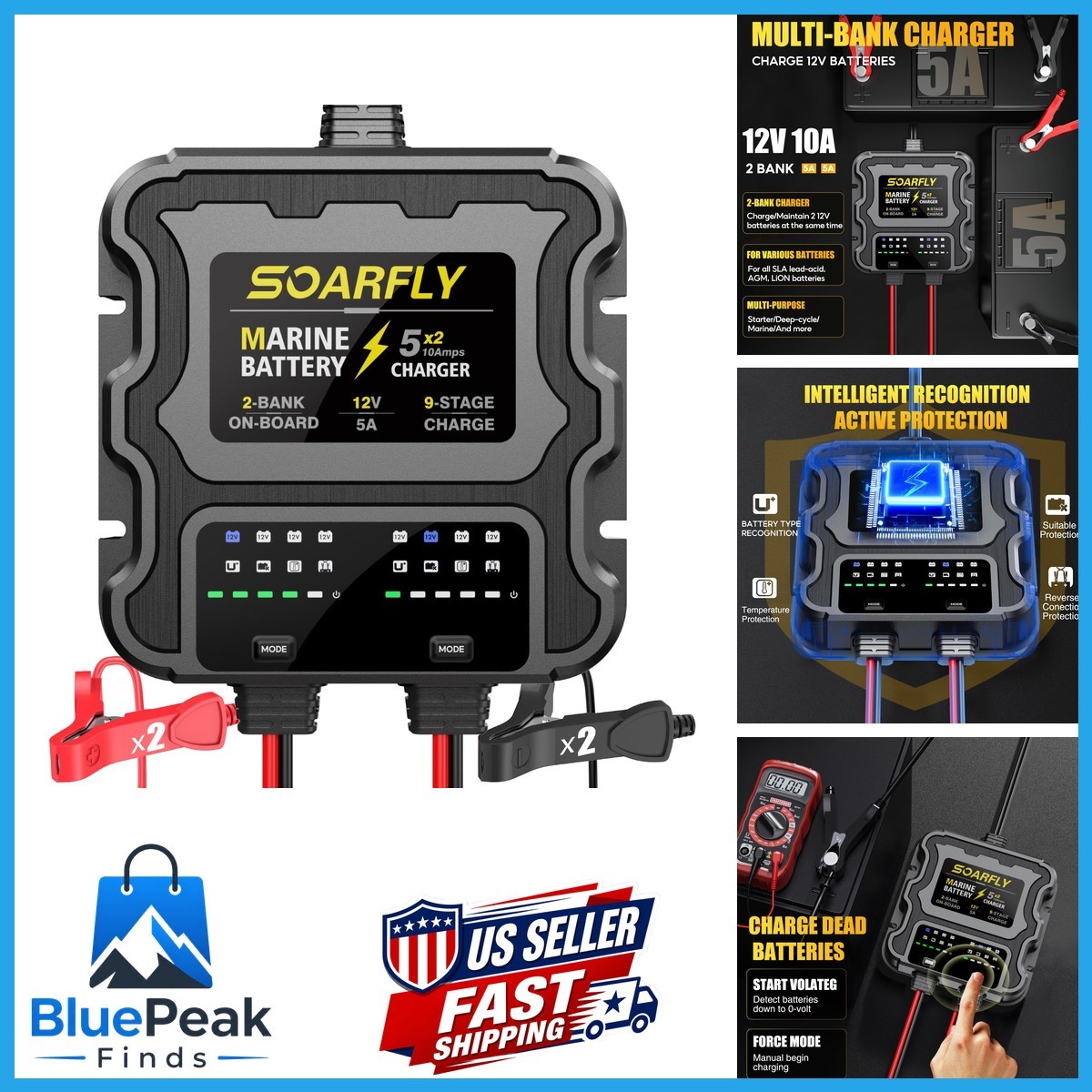 SOARFLY 2 Bank Marine Battery Charger, 10A (5A/Bank) 12V Waterproof On BOAD