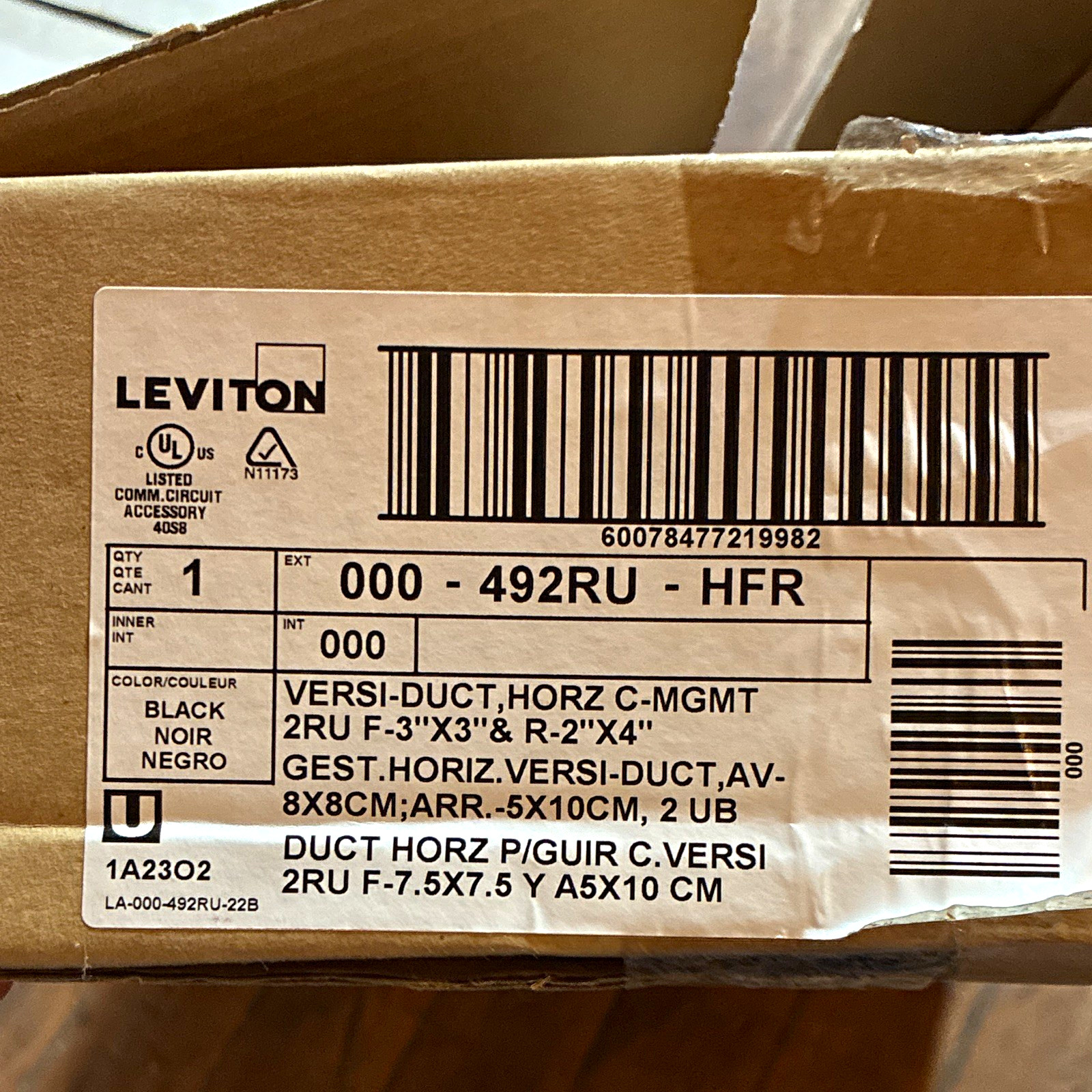 Leviton Versi-Duct Horizontal Cable Manager, 2RU Black, MPN 000-492RU-HFR