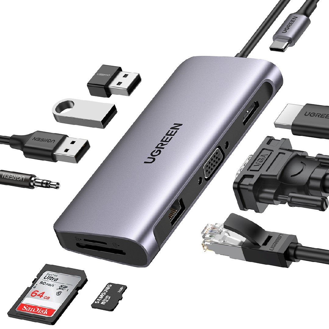 UGREEN 10-in-1 USB-C Hub HDMI VGA RJ45 PD SD/TF USB 3.0 AUX Dock Adapter