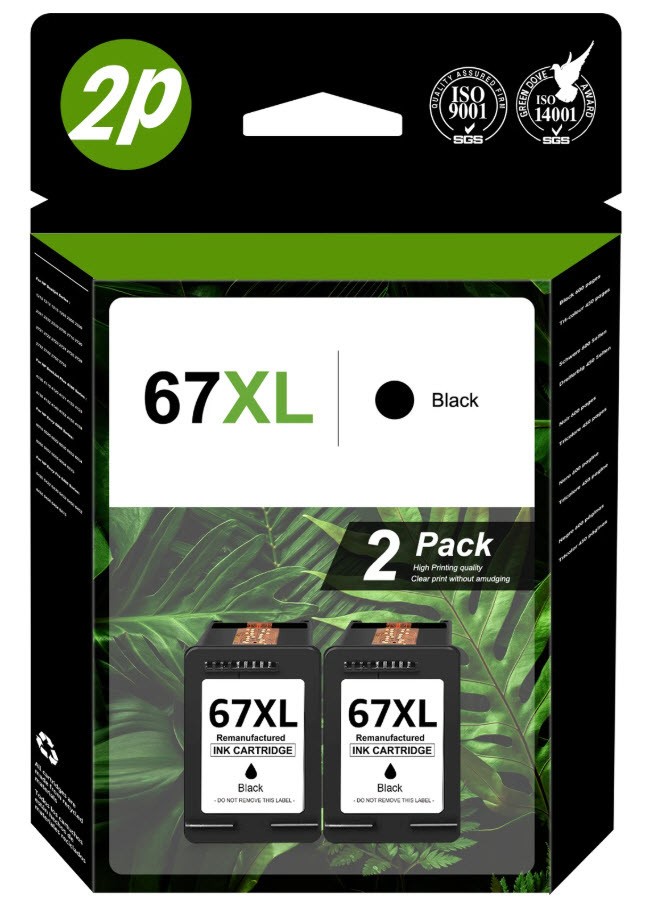 2pcs 67XL Black Ink Cartridges Replacement for HP 67 XL Black