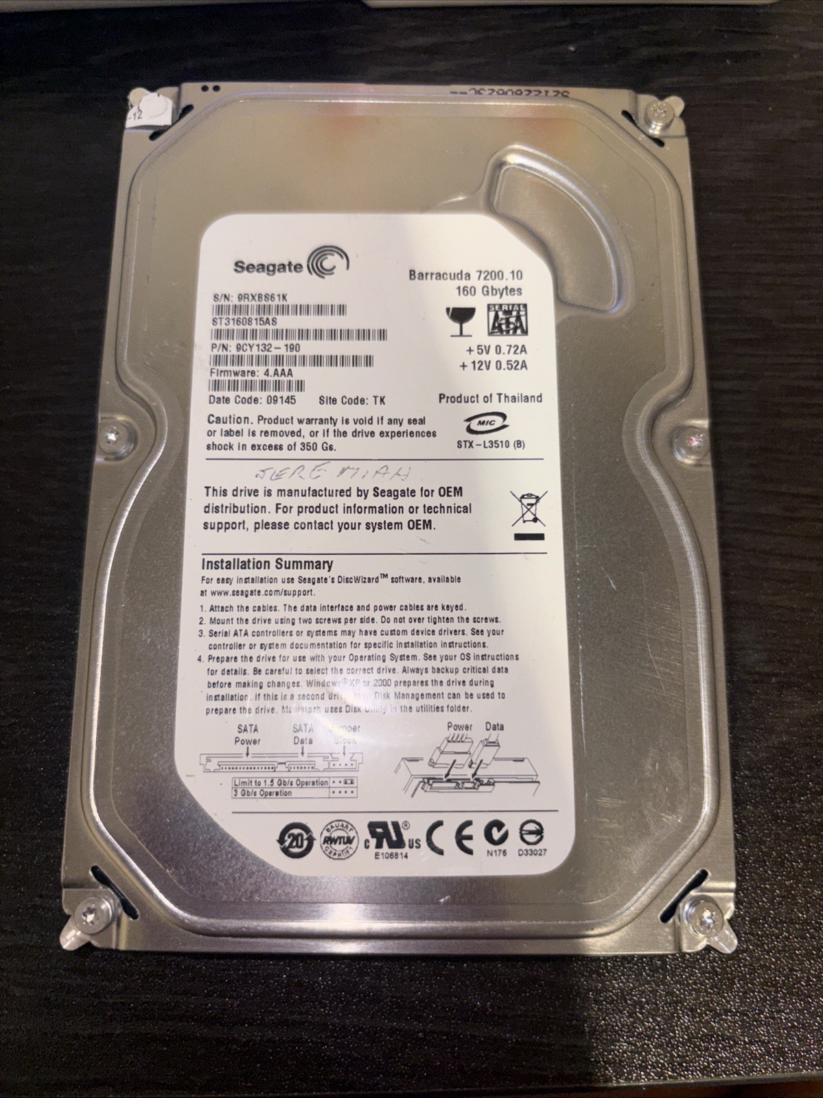 ST3160815as Seagate 160gb PN 9cy132-190 FW 4.AAA 3.5" SATA Hard Drive
