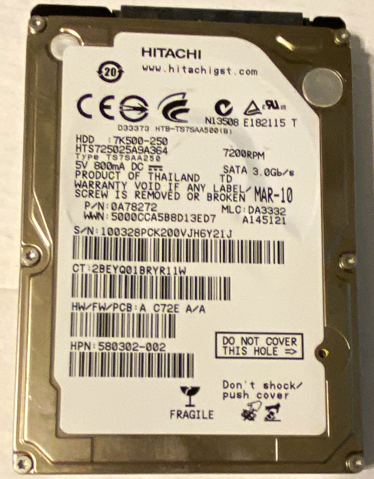 Hitachi Travelstar HTS725025A9A364 250GB 2.5" SATA I HDD 7200RPM 8MB