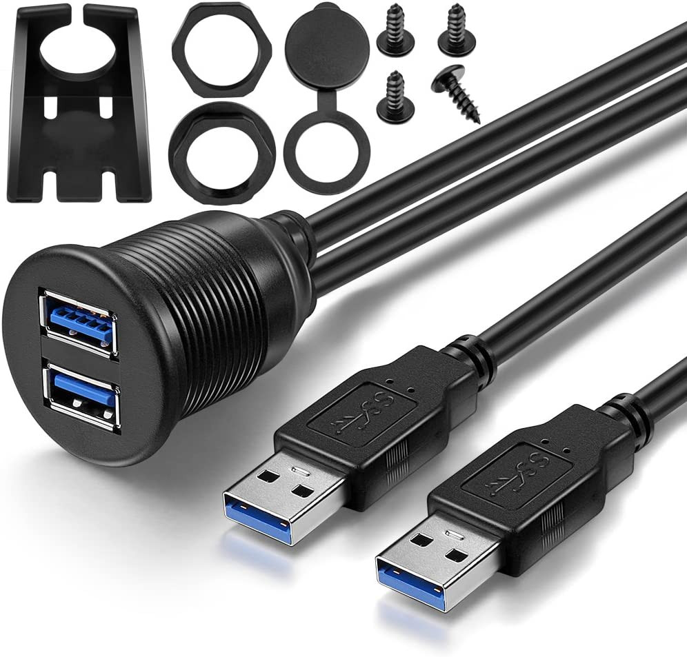 2 Ports Dual Usb 3.0 Male to Usb 3.0 Female Aux Flush Mount Car 3 Feet Extension