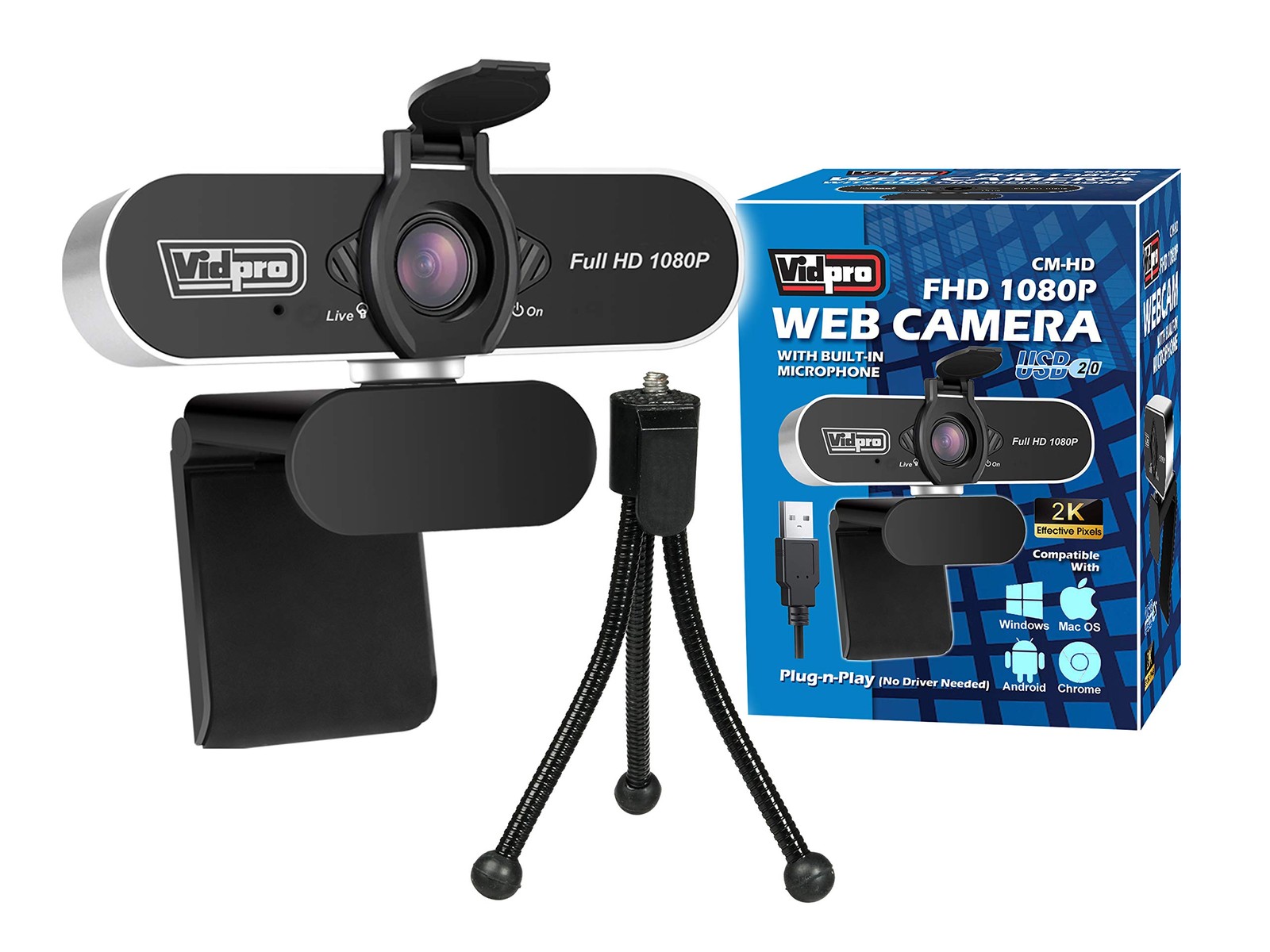 CM-HD 1080P Full HD Webcam with Built-in Microphone and Mini Tripod - Plug an...