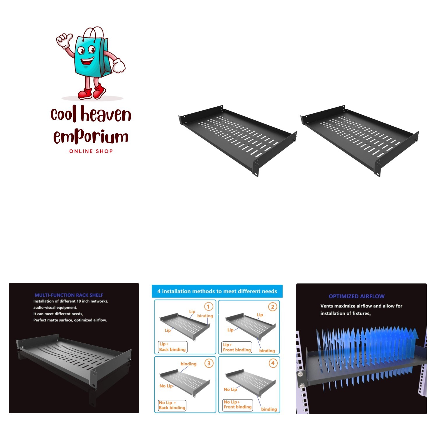 1U Vented Server Rack Shelf - 10 Inch Depth, 44 lb Capacity, Set of 2