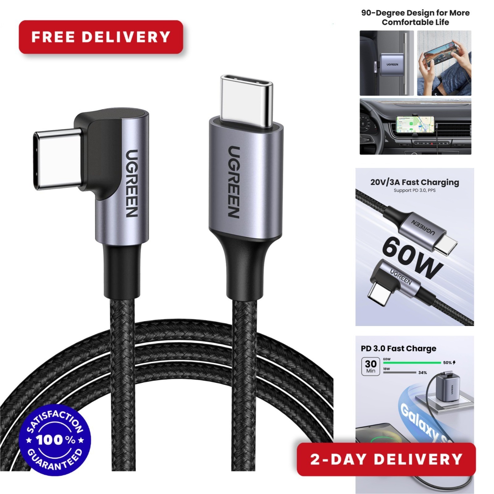 UGREEN 60W USB-C to USB-C Right Angle Fast Charging Cable 3.3ft