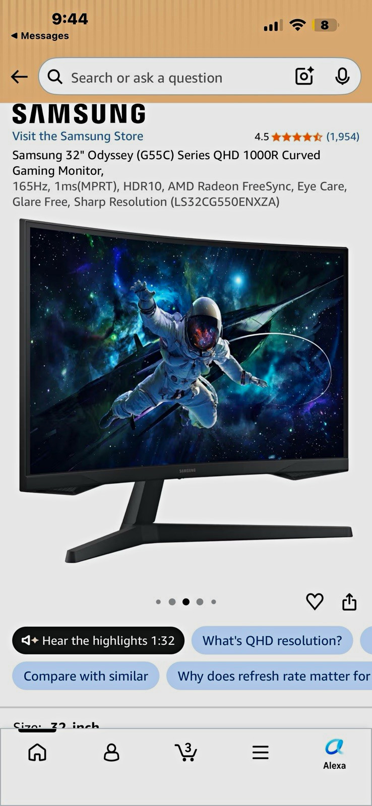Samsung Odyssey G55C 32" 1000R Curved QHD 165Hz 1ms HDR10 FreeSync