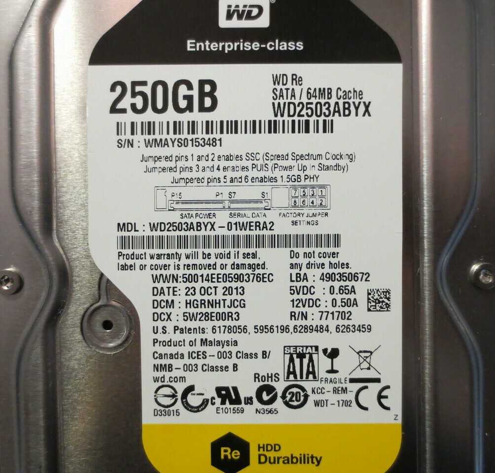 Western Digital WD2503ABYX-01WERA RE4 64MB 7200rpm 3.5" 250gb Sata hard drive