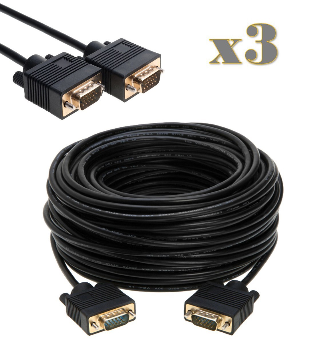 3-Pack - 50ft SVGA/VGA Male/Male Cable - PC Monitor Projector CCTV Display Cord