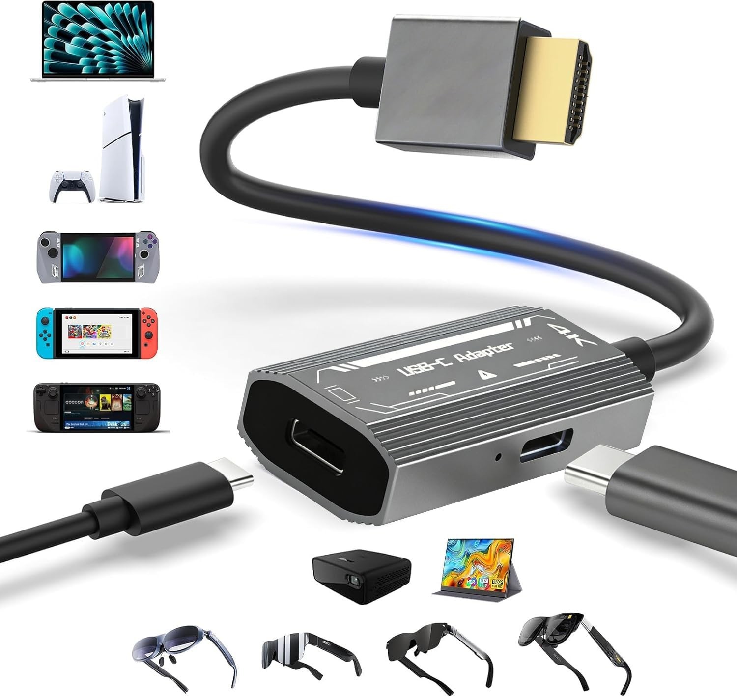 HDMI to USB C Adapter 4K@60Hz for AR Glasses, Switch, PS5, Steam Deck