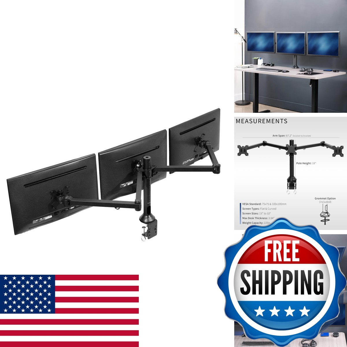 VIVO STAND-V103 Triple Monitor Mount 23-32 inch Clamp-on VESA Holds 3 Black