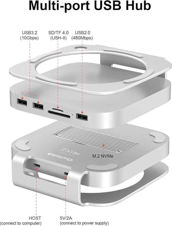 UH60 Pro Aluminum Dock Stand for Mac Mini NVMe USB SD Expansion Hub