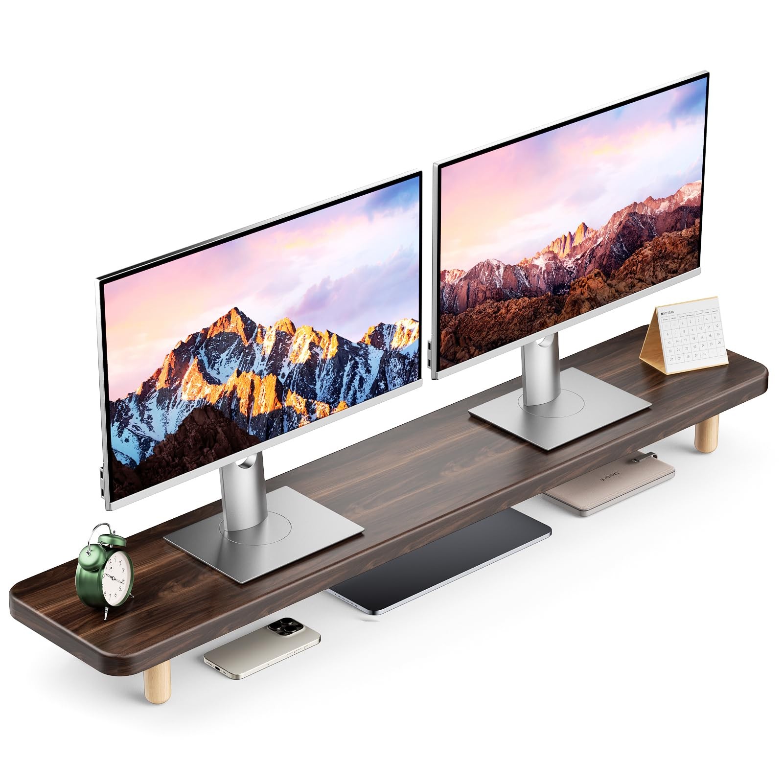 Dual Monitor Stand Riser, 39 Inch Extra Long Wooden Desktop Monitor Riser wit...
