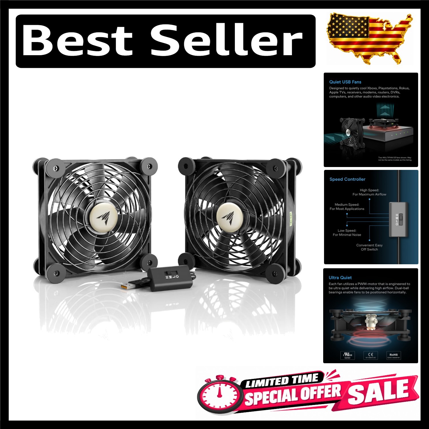 MULTIFAN S7 Ultra-Quiet Dual 120mm USB Fan with Speed Control for Gaming
