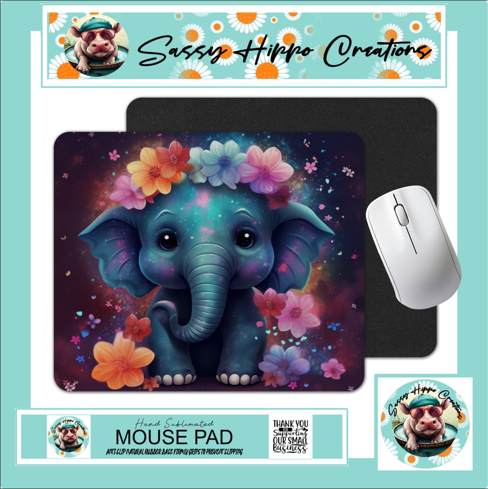 Mouse Pad Colorful Neon Elephant and Flowers Anti Slip Back Easy Clean Sublimate