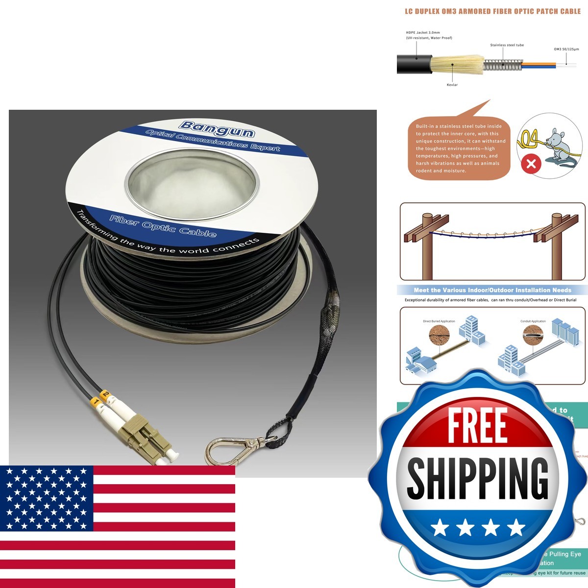 Bangun 50m OM3 LC to LC Outdoor Armored Fiber Optic Cable Duplex 50/125 10GB