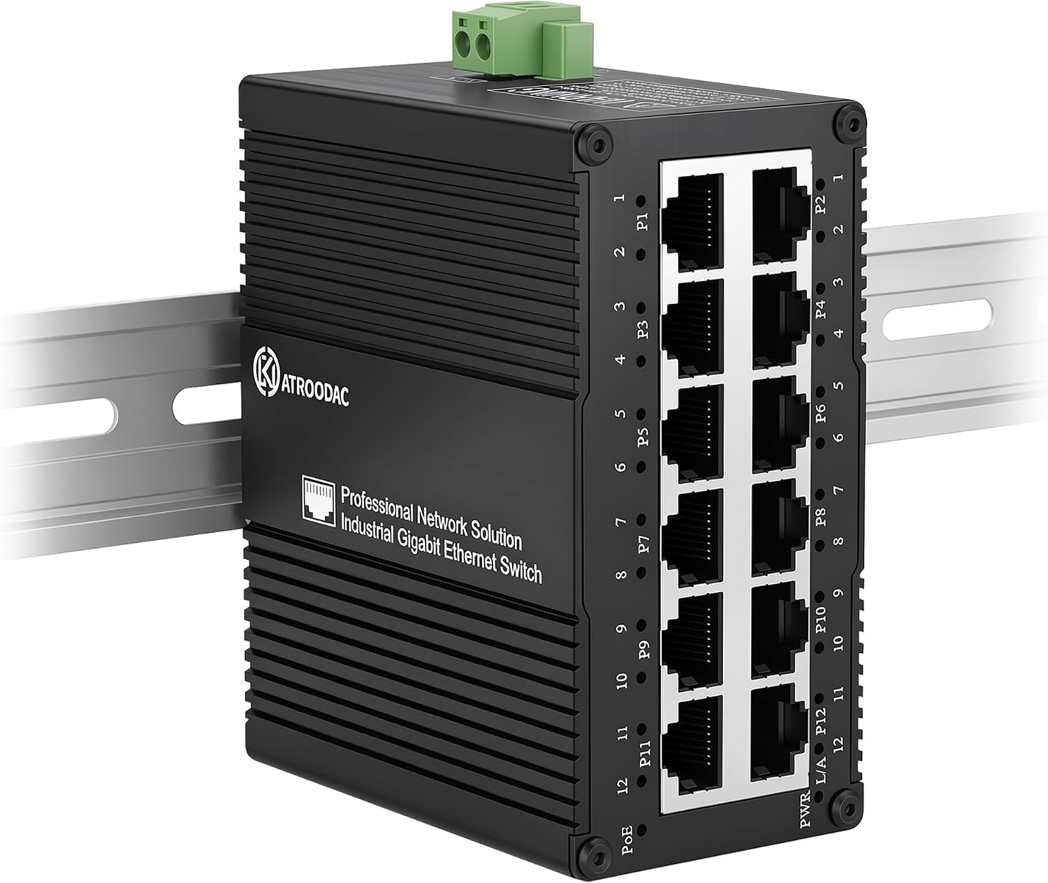 Industrial 12 Port Gigabit PoE Switch, DC 12-48V to 48V PoE Boost 360W IP40
