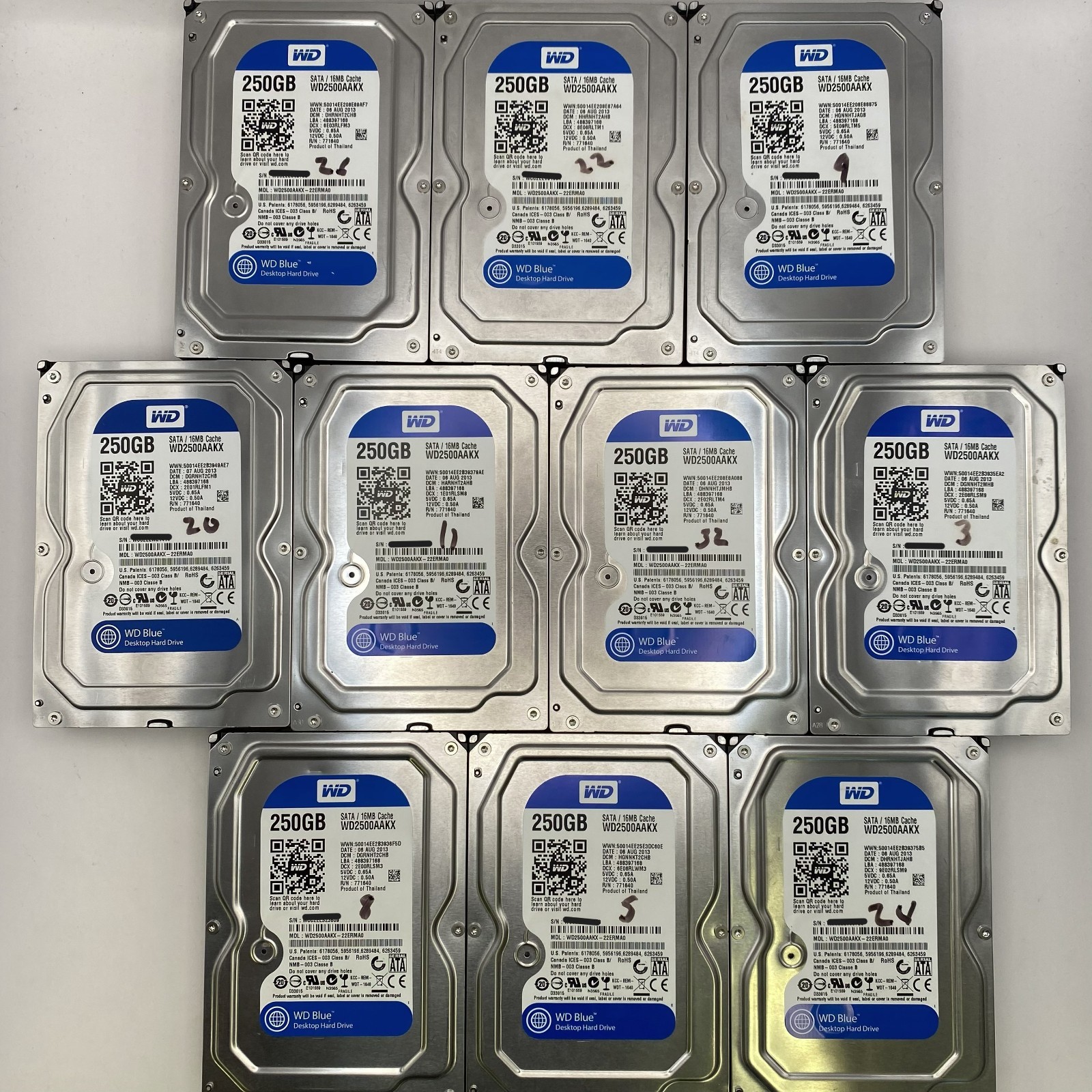 Lot of 10 Western Digital Blue 250GB 3.5" Desktop HDD WD2500AAKX-22ERMA0 Tested