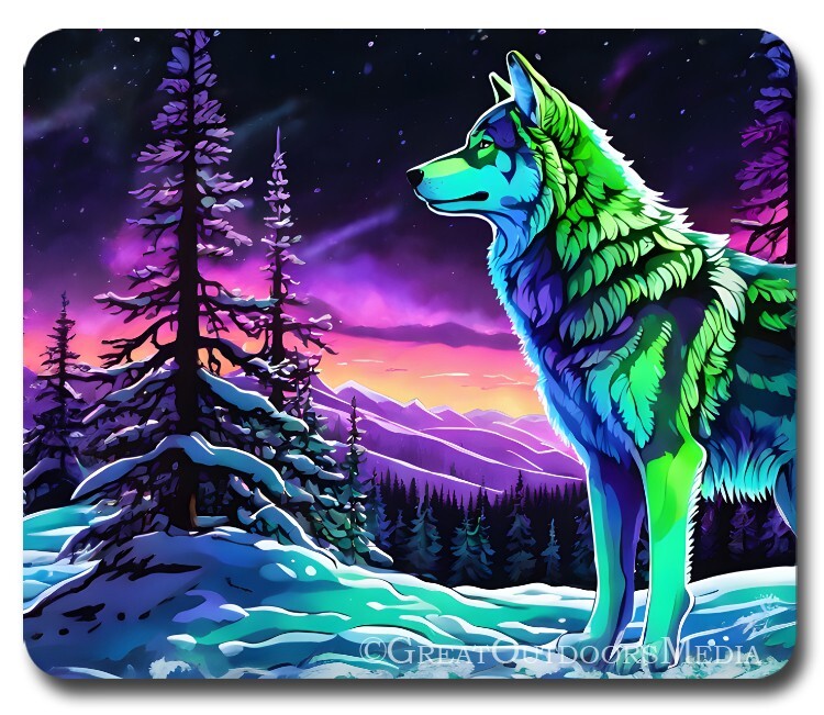 Northern Lights & Lone Wolf ~ Mouse Pad / PC Mousepad ~ Outdoor Nature Gift