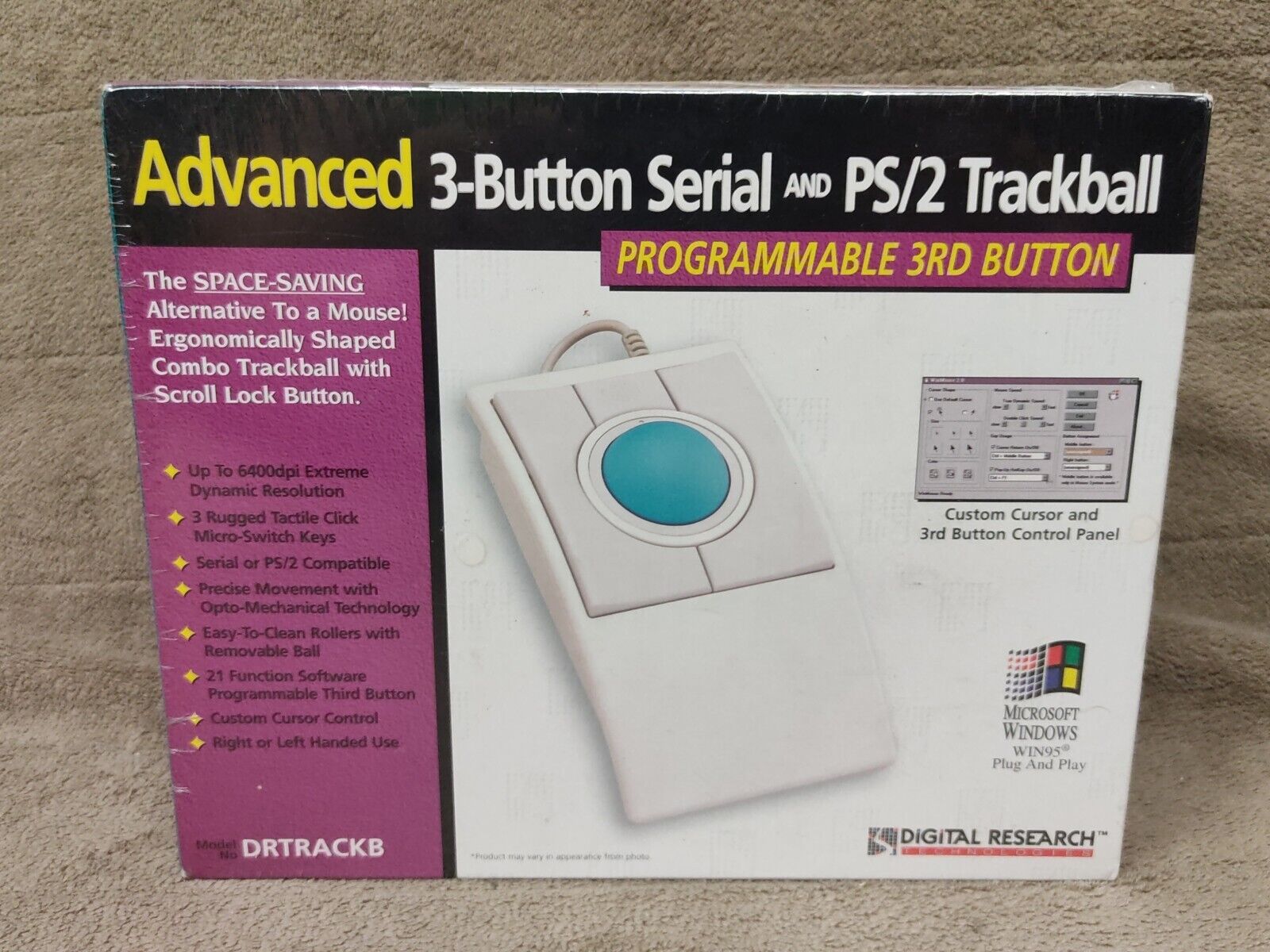 NEW*Digital Research Technologies 3-Button Serial PS/2 Trackball Mouse DRTRACKB