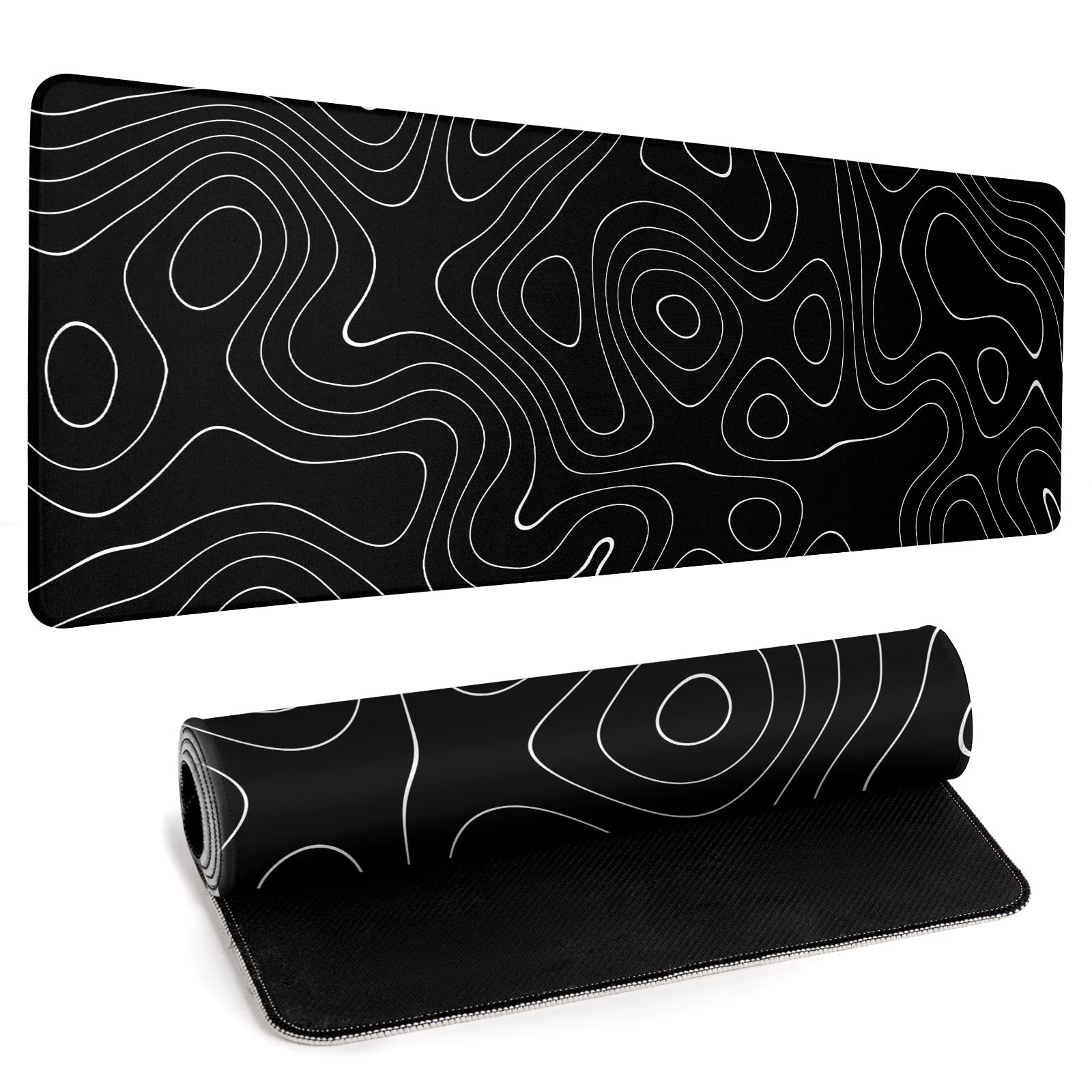 Large Topographic Map Gaming Pad for Desk Black Desk Pad with Non-Slip Base S...
