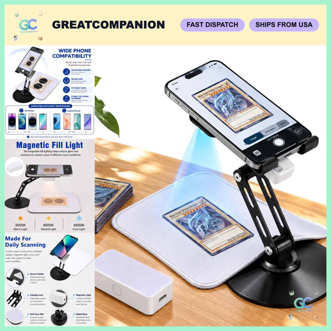 Foldable Trading Card Scanner Stand with LED Light & Scanning Pad, Carbon Steel