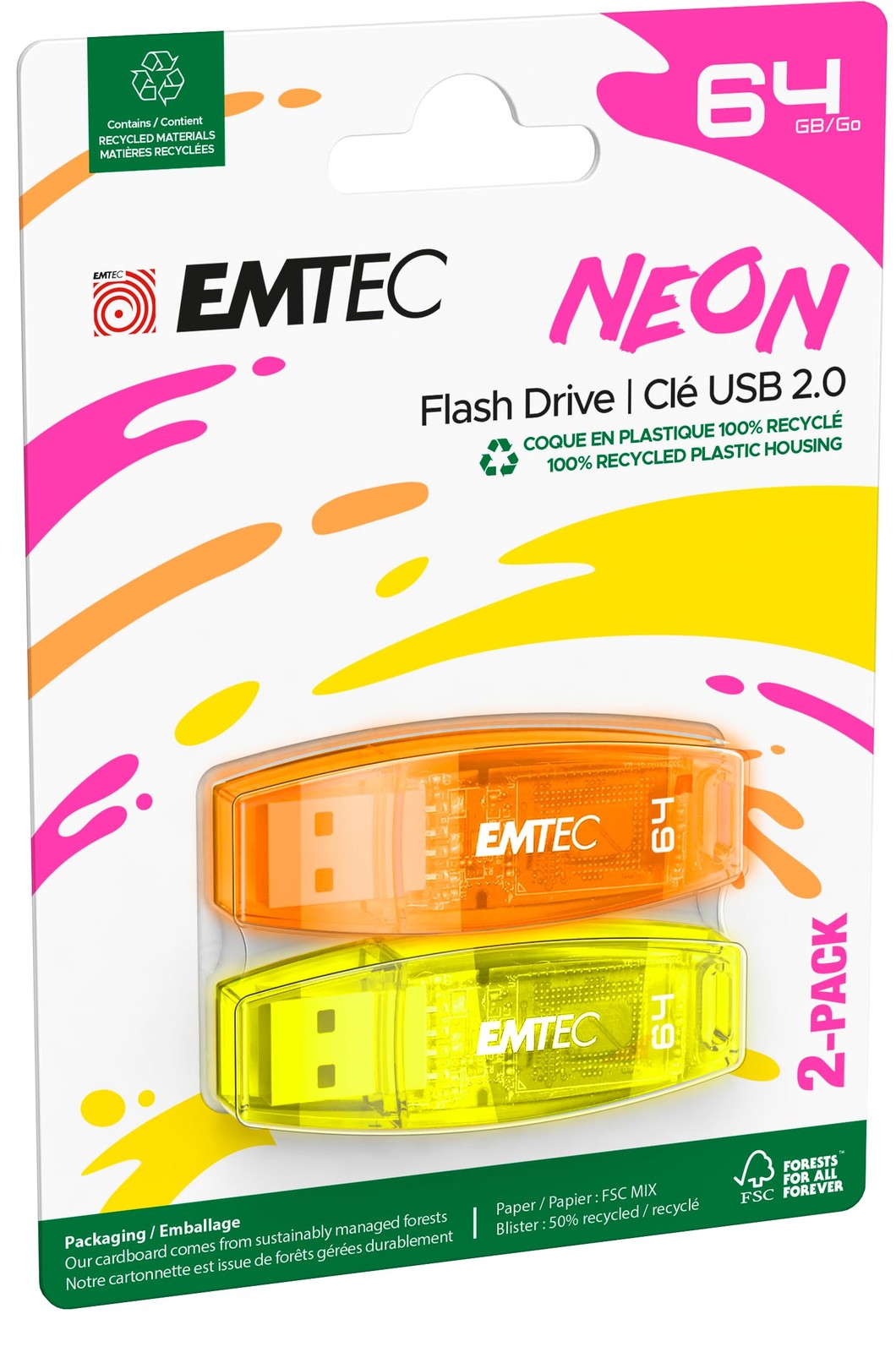 EMTEC C410 Neon 64GB Flash Drive - USB 2-Pack 64GB, Orange - Yellow - Pink