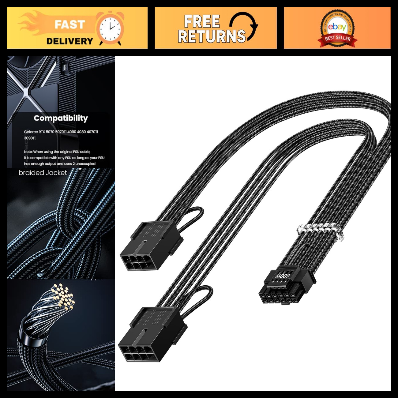 16 Pin GPU Cable Adapter Extension - High-Performance Black Cable for PC Gaming