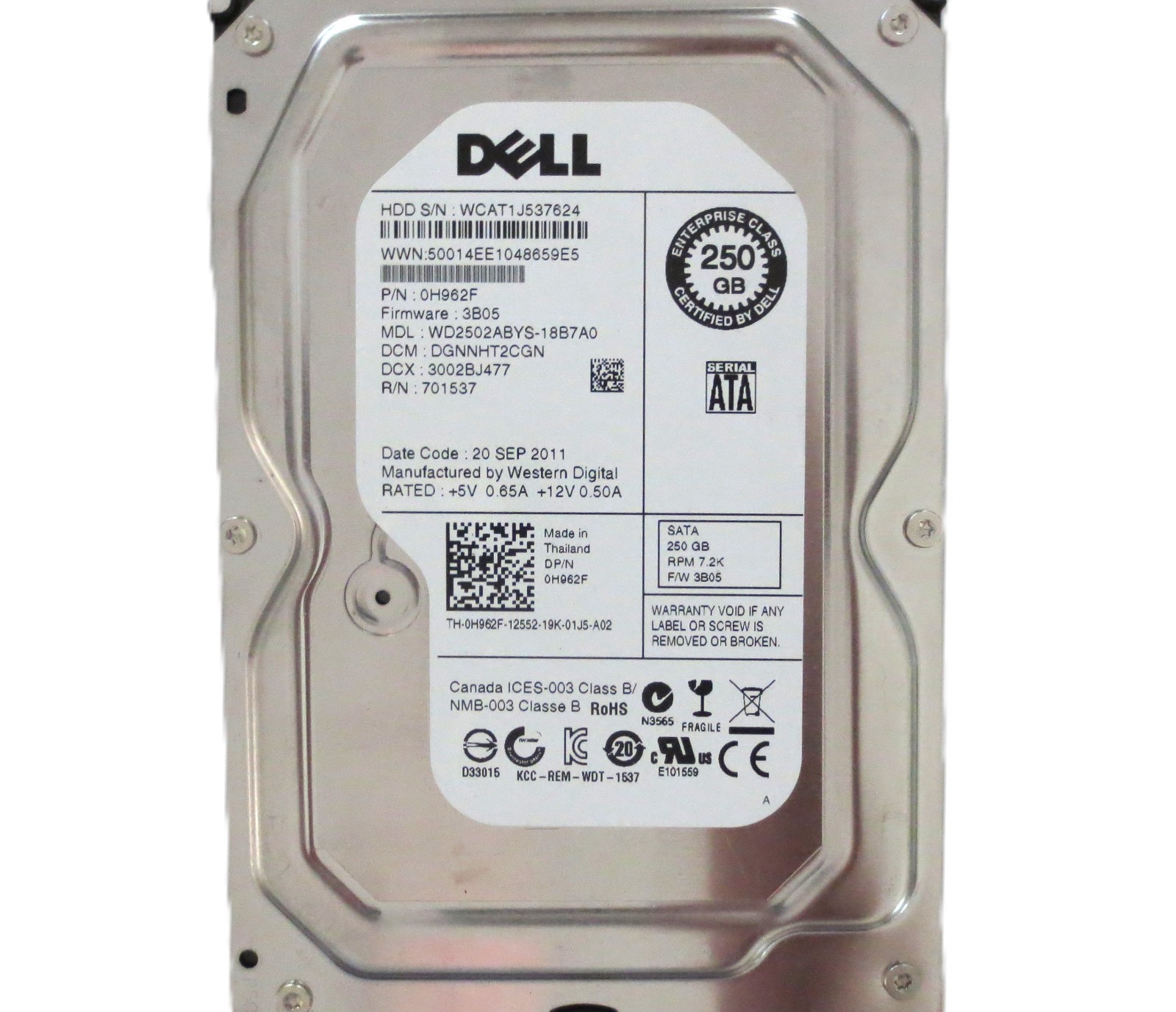 WD2502ABYS-18B7A0 DGNNHT2CGN 0H962F Thailand 3B05 250gb 3.5" Sata HDD SEP-2011