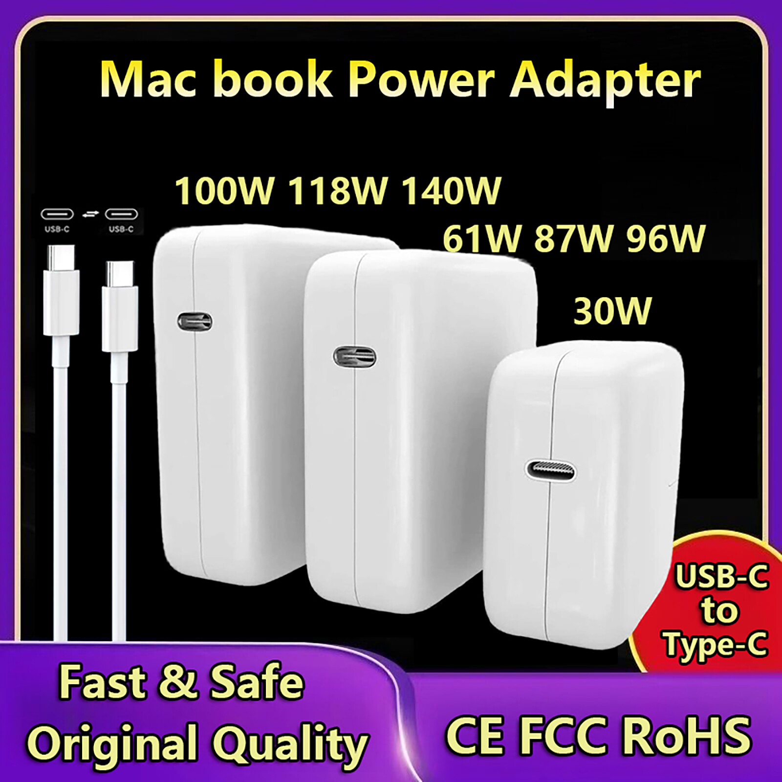 30W 61W 87W 96W 100W 118W 140W USB-C Laptop Charger For Macbook Pro 