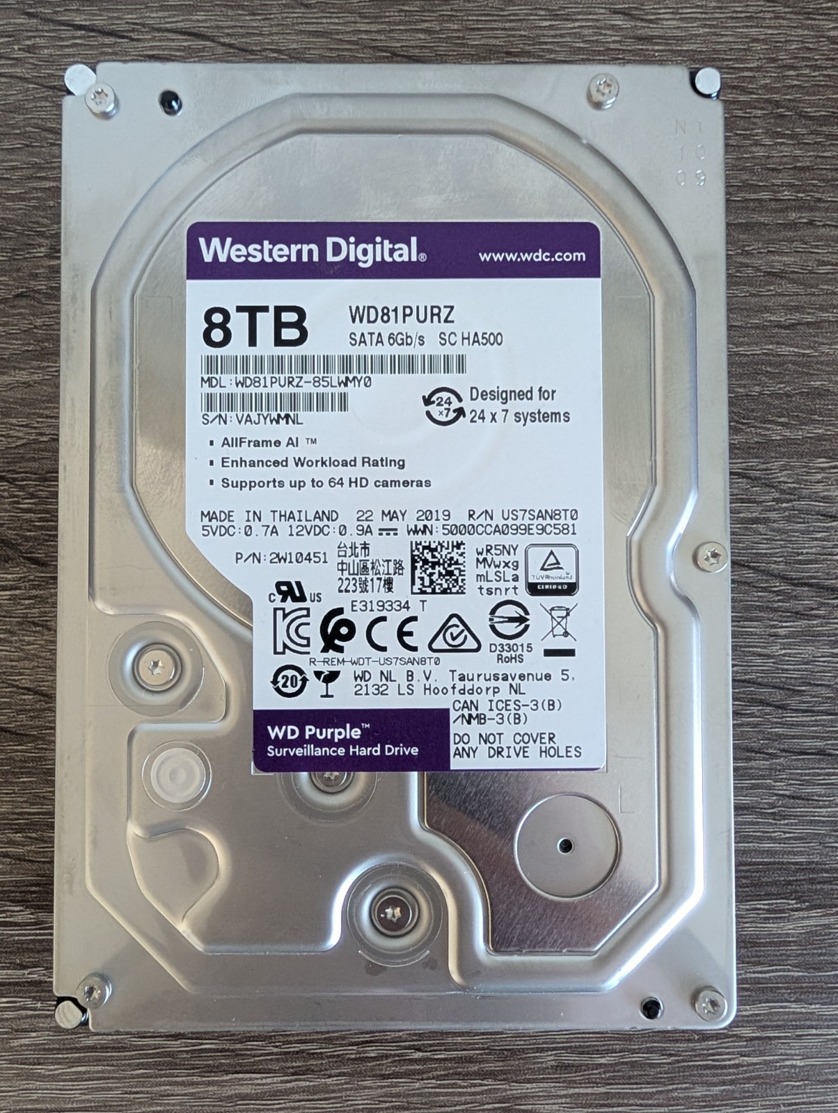 WD Purple 8TB WD81PURZ 3.5" SATA Surveillance HDD SMART Good 37K Hours
