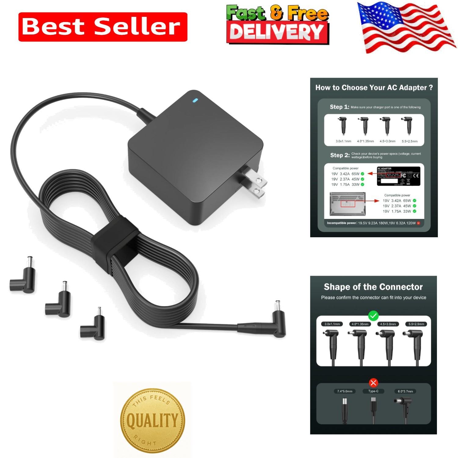 Safe and Reliable 65W Asus Laptop Charger with Switchable Connectors Included