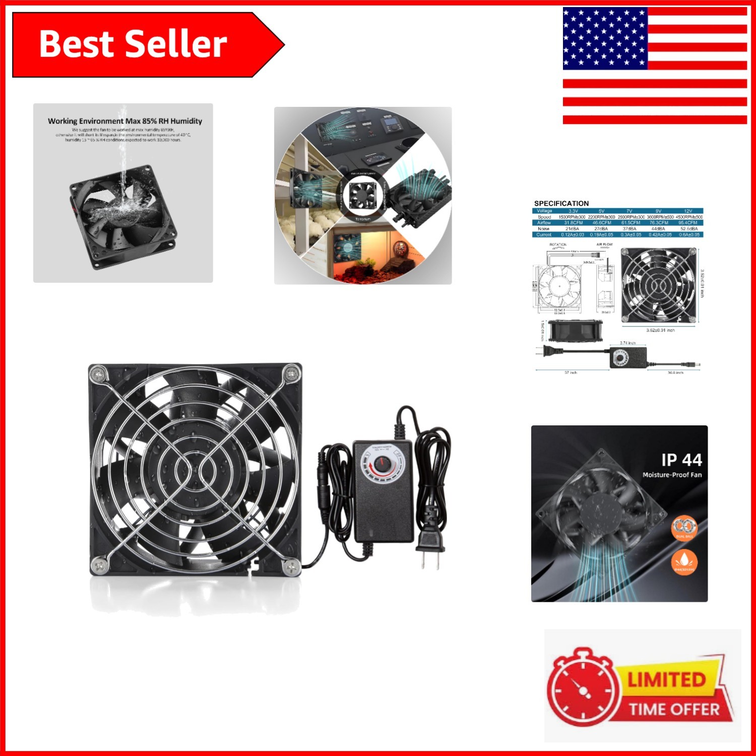 Versatile 12V 92mm Muffin Fan with AC Plug - Moisture-Proof for Optimal Airflow