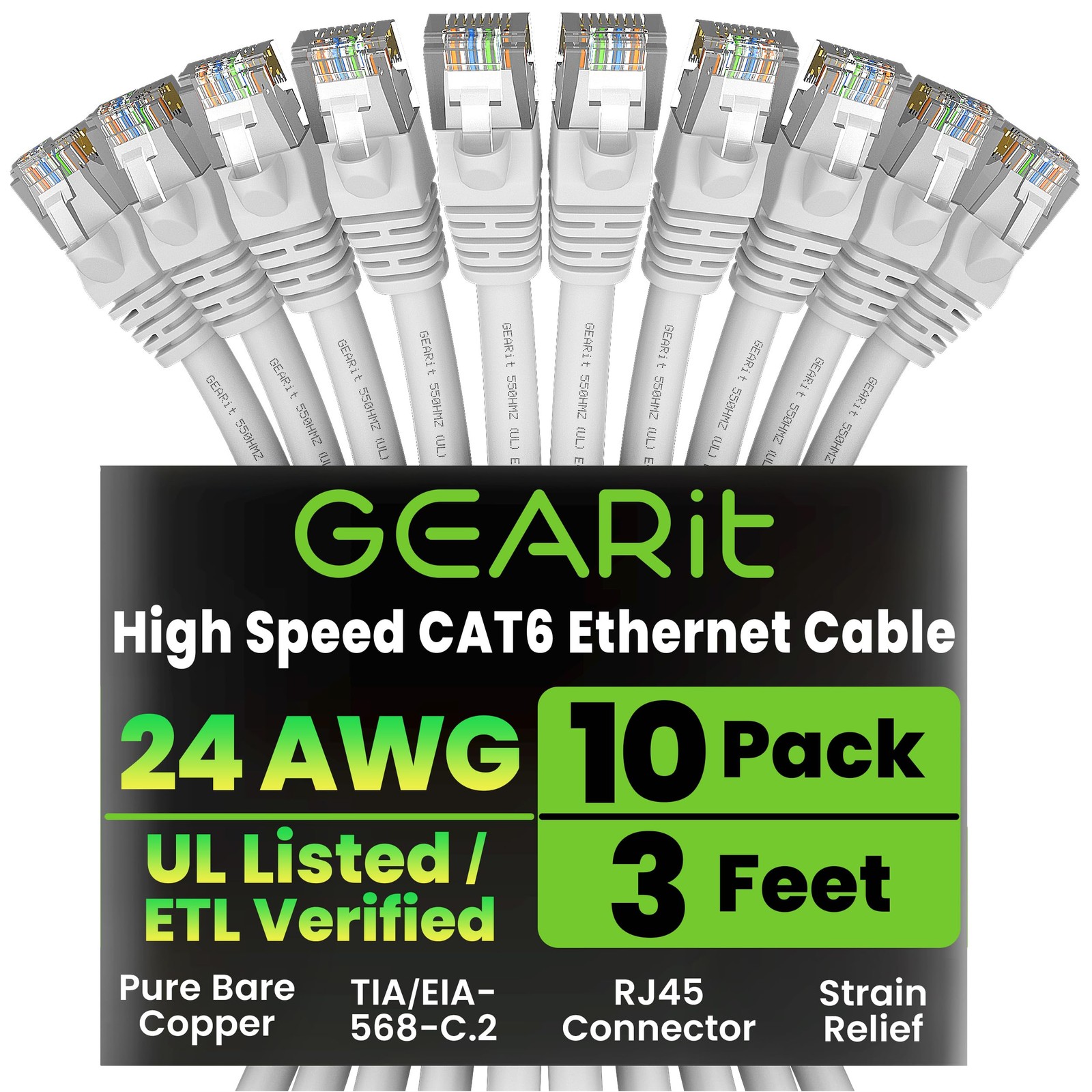 10 PCS 3FT Cat 6 Ethernet Cable 10Gbps RJ45 Snagless Network Patch Cord White