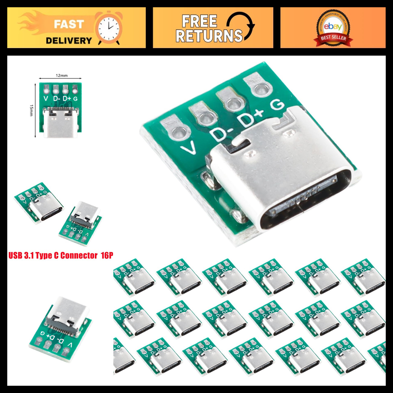 20pcs USB 3.1 Type-C Female Breakout PCB Converter Board - High-Speed Adapter
