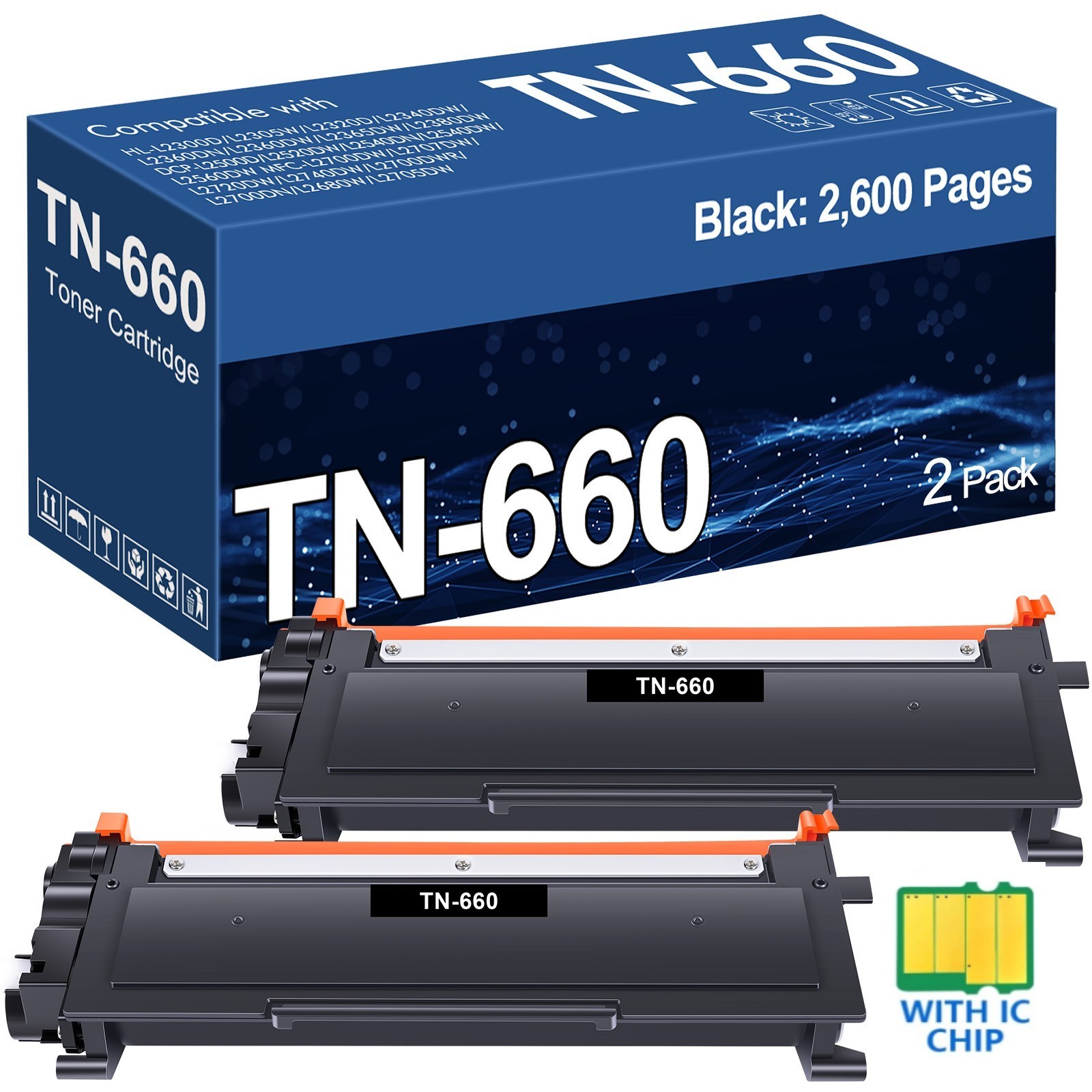 2PK Black Toner Cartridge For Brother TN660 TN630 HL-L2380DW MFC-L2700DW Printer