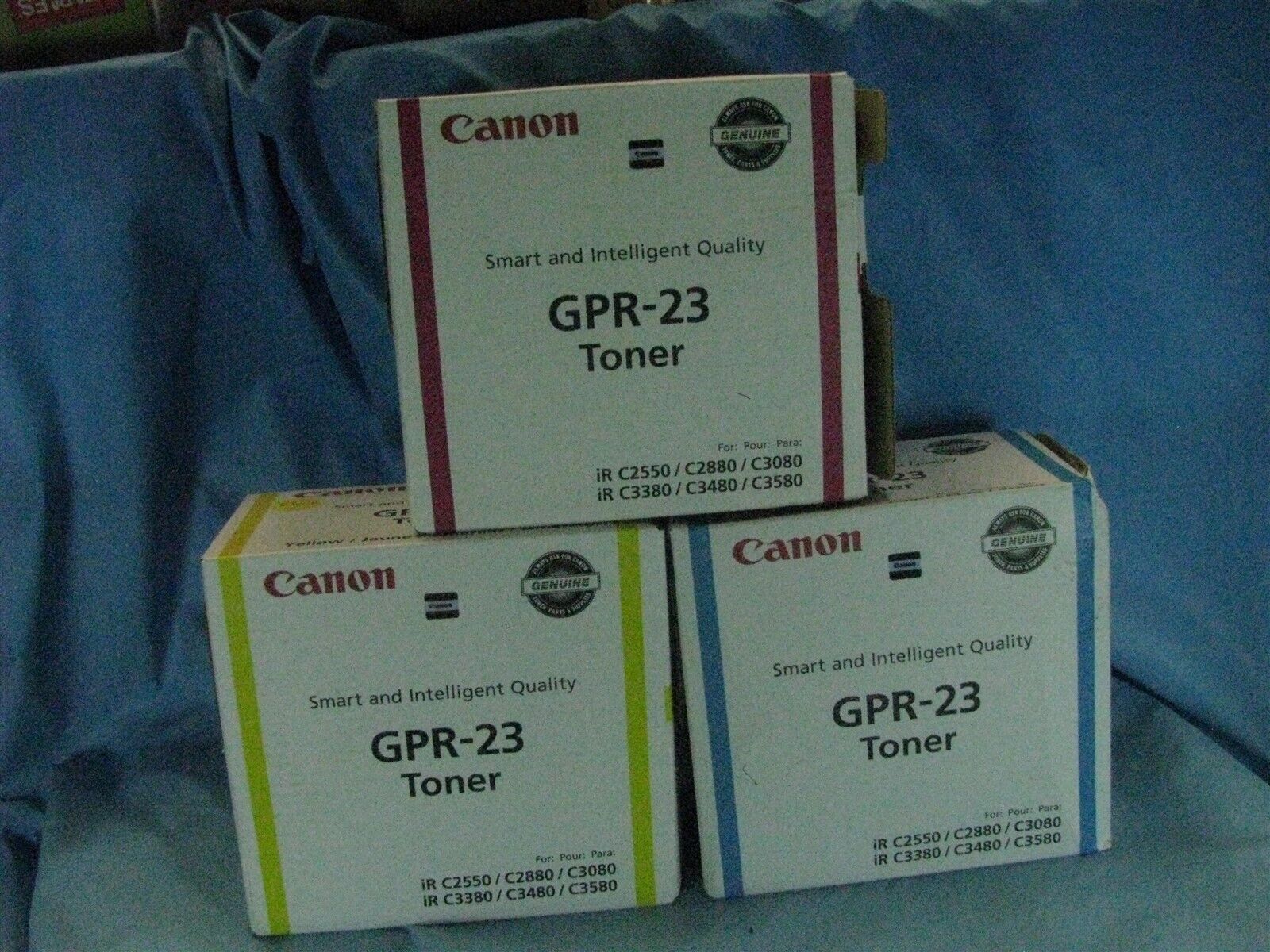 3 GENUINE CANON GPR-23 CYAN MAGENTA YELLOW TONER CARTRIDGES - MOSTLY NEW
