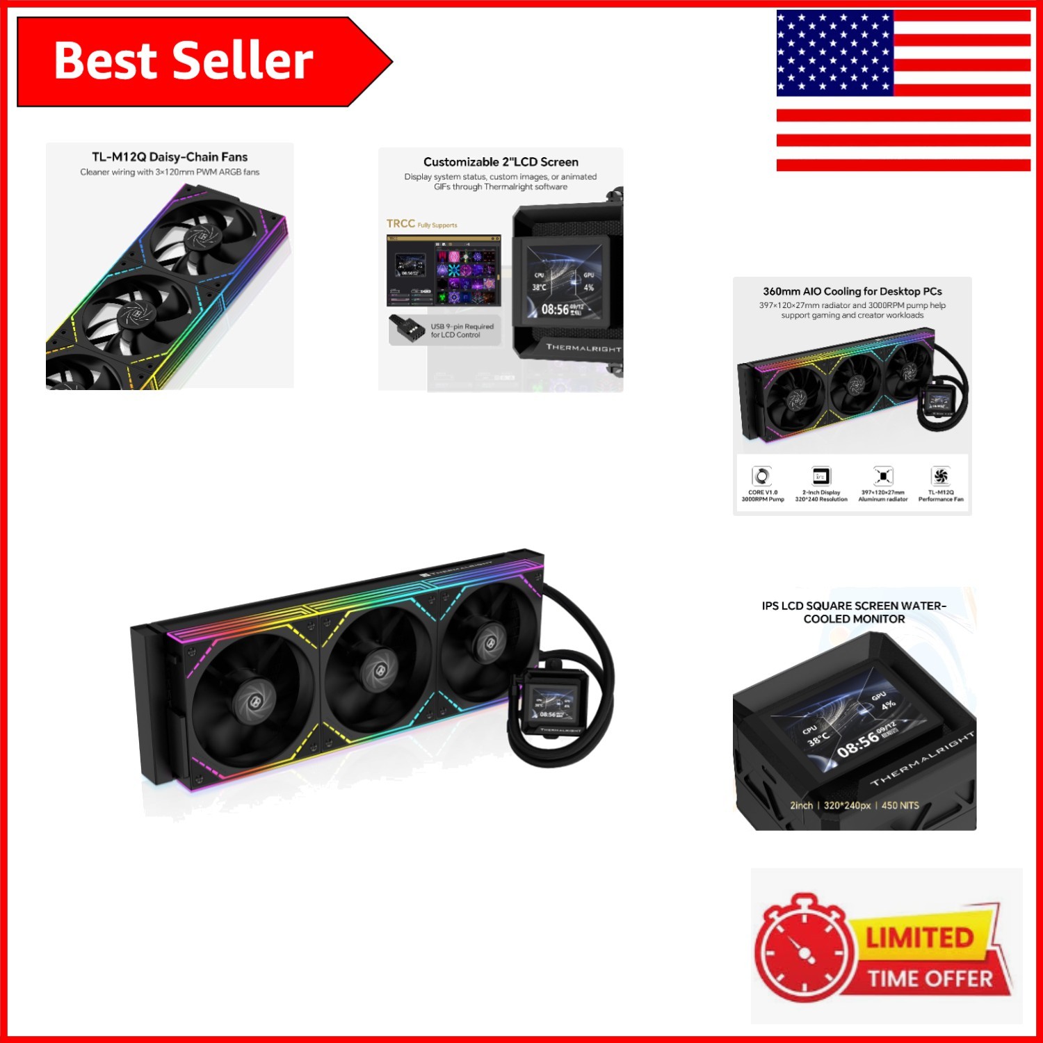 FW360 SE ARGB V2 360mm AIO Liquid CPU Cooler with 2" LCD - Elegant Cooling Power