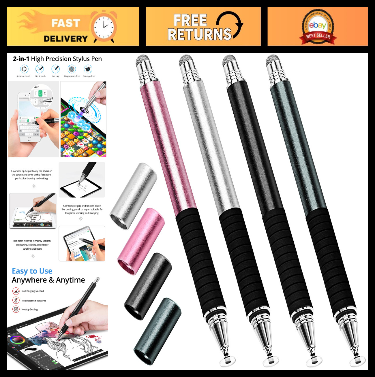 4 Pack Capacitive Stylus Pen 2-in-1 Touch Screen Fine Point Nibs for iPhone/iPad