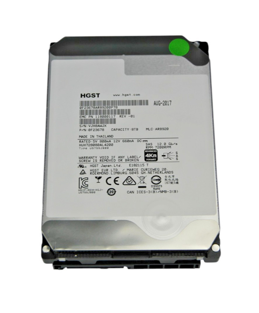 Dell EMC 8TB 7.2K SAS 12Gb/s 4Kn 3.5" HDD HUH728080AL4200 118000117 100% Health