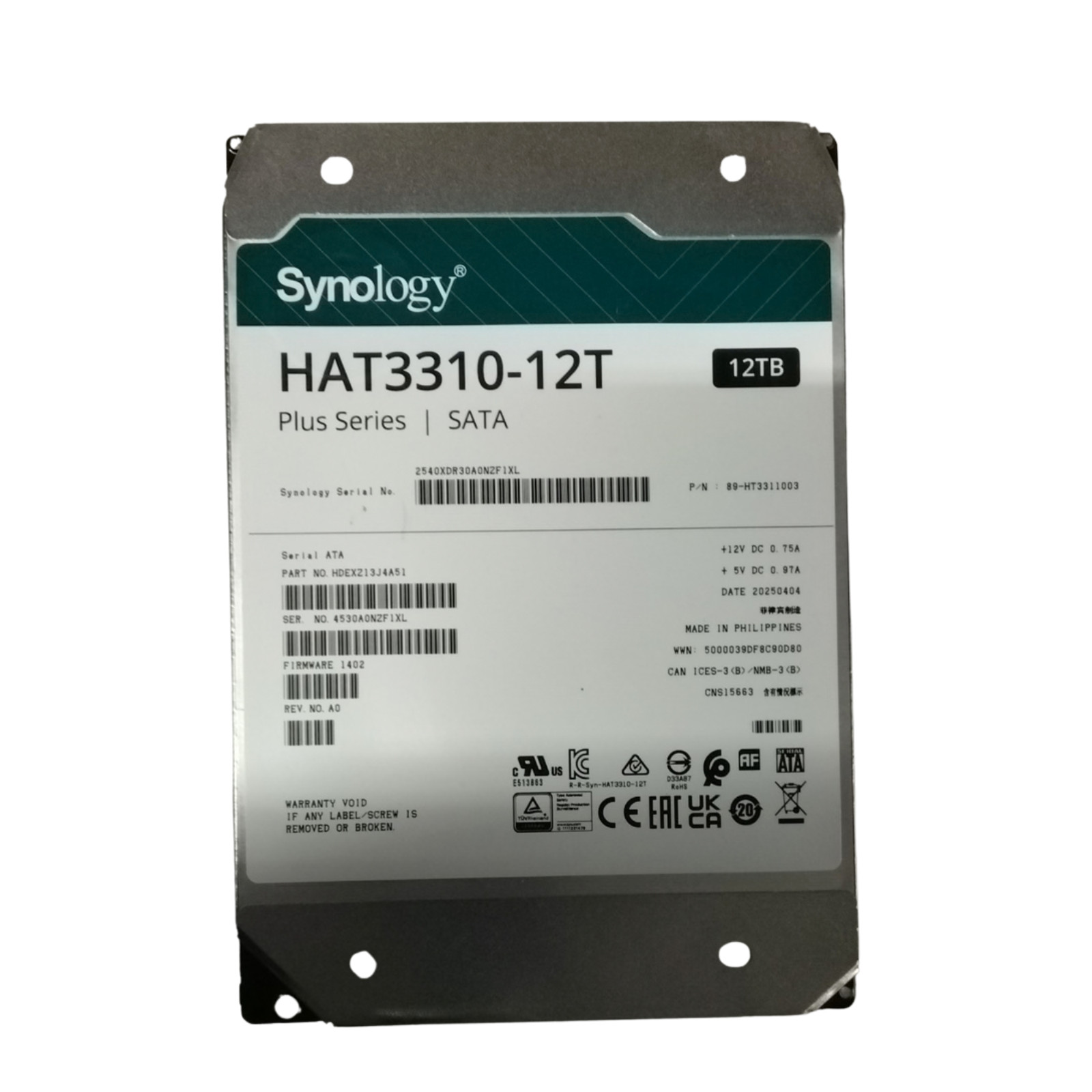 Synology HAT3310 12TB Plus Series SATA HDD 3.5" HAT3310-12T, Black